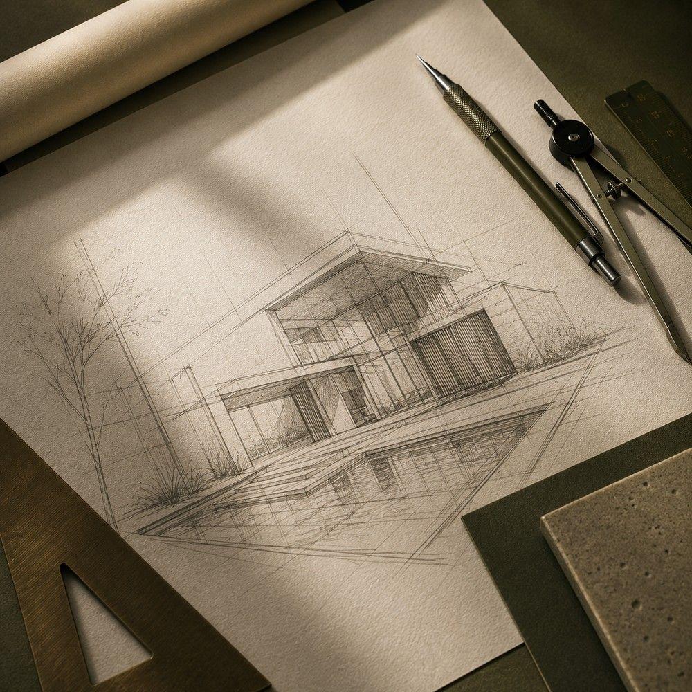 Architectural materials, technical sketches and a completed commercial environment — detail
